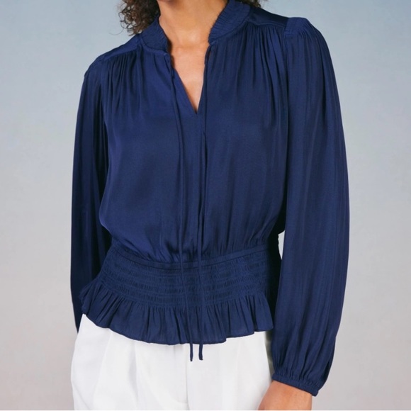 Anthropologie x Current Air Navy Satin Ruched Blouse - Picture 1 of 10